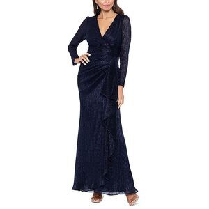 Petite "Lana" Long Galaxy Pleated Long Sleeve V-Neck Dress